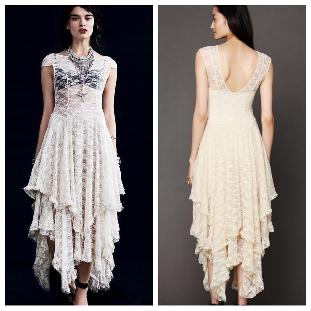 Free People Ivory Lace Handkerchief Hem Dress